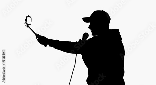 Man holding microphone and selfie stick.