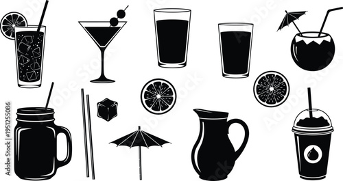 Silhouette of various cocktails isolated on transparent background