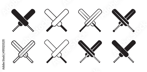 Set of eight crossed cricket bats icons in black and white on white background