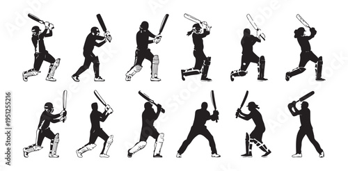 Collection of eleven cricket batsman silhouettes in various hitting poses