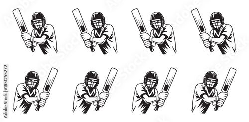 Black and white illustration of cricketer batsman in action pose with helmet and gloves set