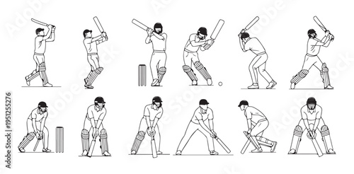 Cricket players line art collection showing various batting techniques and stance positions