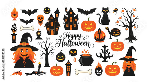 A delightful collection of halloween elements including pumpkins witches and spooky decorations