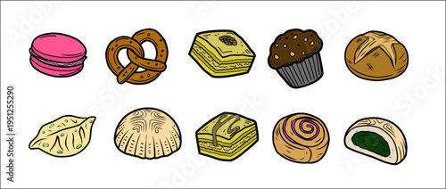 Bakery Seamless Pattern. Assorted Pastry Illustration. Hand Drawn Sweet Snacks. Repeating Dessert Food Background. Decorative Bakery Textile Design.