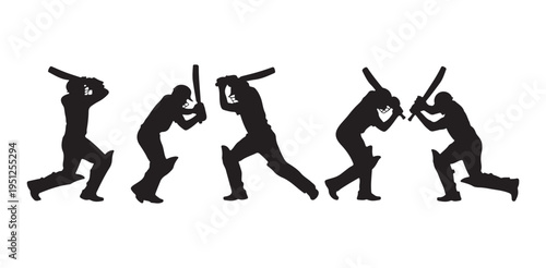 Group of cricketer silhouettes performing different batting shots against white background