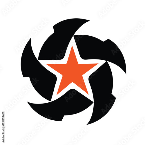 A graphic design featuring an orange five-pointed star centered within a black spinning radial icon
