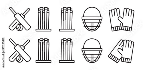 Cricket equipment line icons featuring crossed bats stumps protective helmet and gloves set