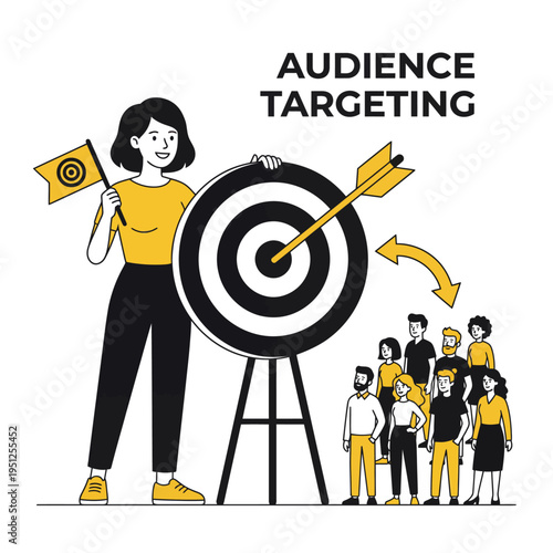 Woman Holding Target Board Audience Targeting Marketing Flat Vector Black Yellow White