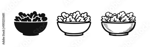 Bowl of Fresh Lettuce Salad Greens Icon Set. Healthy Food and Vegan Diet Symbol in Flat, Outline, and Hand-Drawn Styles