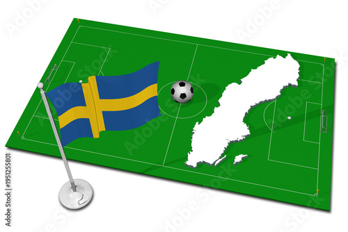 PNG; Trasparente; Svezia. Bandiera nazionale con in primo piano pallone da calcio. Sport football - Illustrazione 3D.