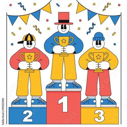 Three cartoon characters standing on a winners podium holding golden trophies after a competition