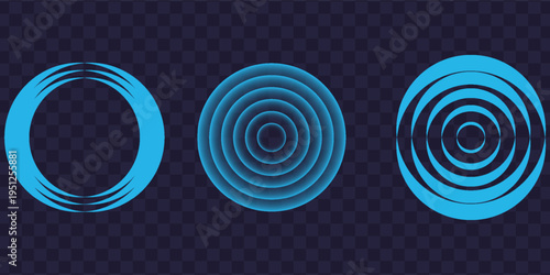 Sound wave. Signal concentric circle. Round light effect. Wifi range. Radio station signal. Water ripple with circle waves. A place or a painful point. Radar screen. Vector effect.
