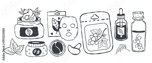 Blackcurrant Extract Cosmetic and Eco Skincare Set. Line Art Doodle of Bottles, Jars, Face Mask, Dropper and Eye Patch. Isolated hand-drawn on White. Vector Illustration.