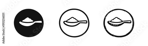 Spoon with Powder Ingredient Icon Set. Sugar, Salt, Spice, or Medicine Measurement Symbol in Flat, Outline, and Hand-Drawn Styles