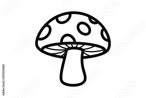 A simple black and white illustration of a mushroom with spots on its cap, isolated on a plain background, depicting a basic fungal design element.