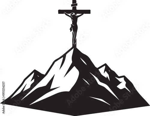 A stark depiction of crucifixion on a mountaintop rendered as a silhouette