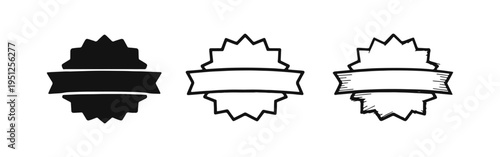Rounded Starburst Ribbon Badge Icon Set, Empty Promotional Banner in Solid, Outline, and Hand-Drawn Styles