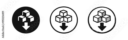 Sugar Reduction Icon Set, Sugar Cubes with Downward Arrow Symbol in Oval Shape, Solid, Outline, and Hand-Drawn Styles