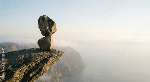 Balanced Rock Formation on Cliff Edge Over Misty Valley 