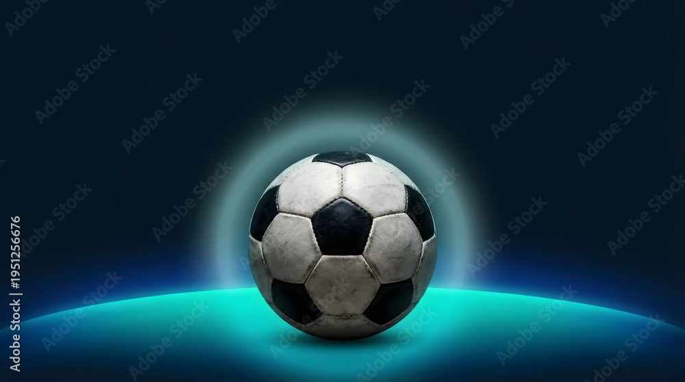 Naklejka premium Soccer ball with luminous neon halo on yellow gradient background. Modern football energy concept for sports posters and promotional banners.