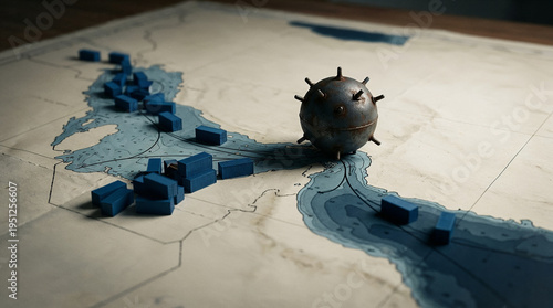 Naval mine on a maritime map with shipping routes and cargo containers. the Strait of Hormuz. geopolitical tension affecting international supply chain