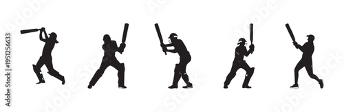 Set of cricket batsman silhouettes performing various batting strokes on white background