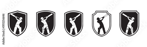 Cricket batting shield logos featuring batsman silhouettes for sports emblem design ideas
