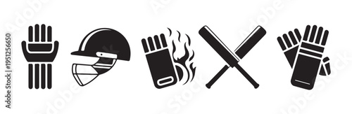 Cricket gear collection including batting gloves helmet and crossed bats on white backdrop