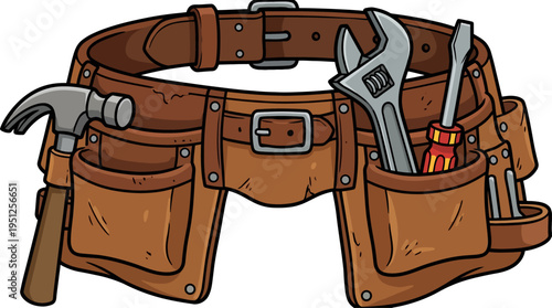 Leather tool belt with hammer wrench and screwdriver