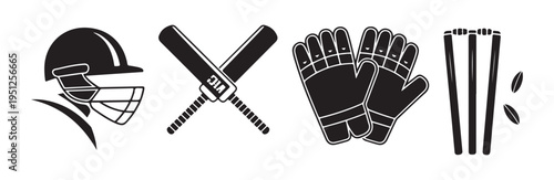 Cricket sports equipment icons with helmet crossed bats gloves and wicket stumps set graphic