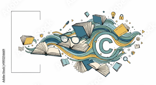 Creative copyright symbol surrounded by swirling papers books glasses and art supplies in blue yellow and white colors on a white background