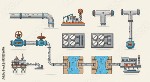 Oil and Gas Industry Infrastructure Illustration with Pipelines and Equipment.