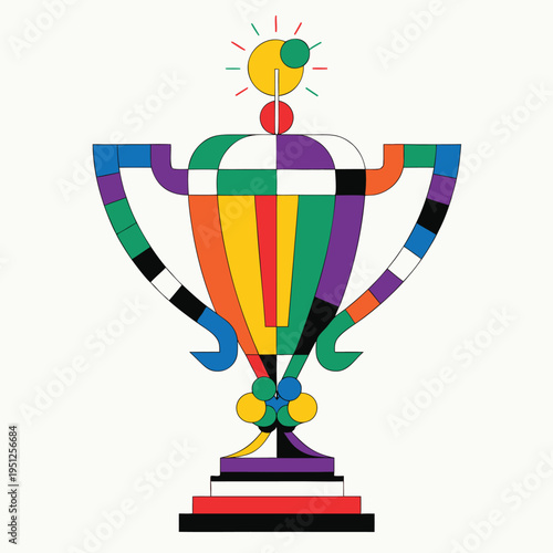 A colorful geometric trophy illustration featuring a minimalist mosaic style and bold primary colors