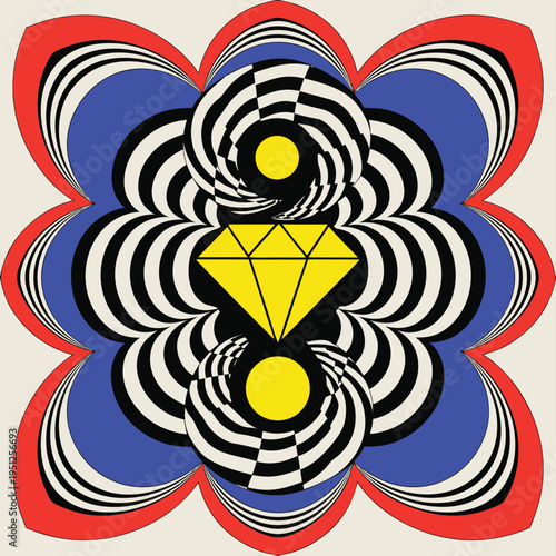 Abstract geometric design featuring a central yellow diamond surrounded by hypnotic wavy patterns