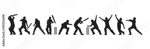 Collection of cricket game silhouettes showing batting bowling fielding and celebrating moments