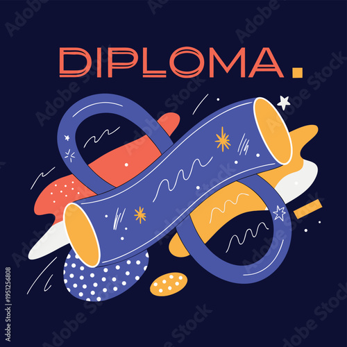Abstract illustration of a rolled diploma scroll with vibrant geometric shapes and star accents