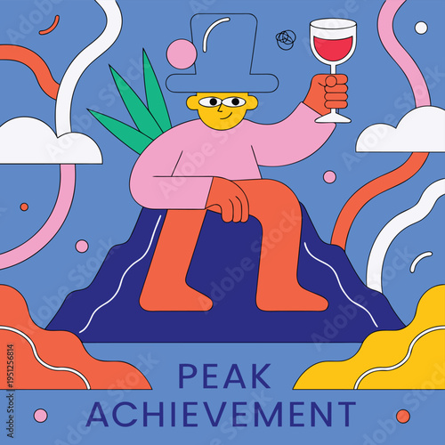 A whimsical illustration of a character sitting atop a mountain peak celebrating their achievement