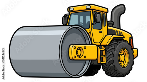 Yellow road roller construction vehicle for compacting surfaces