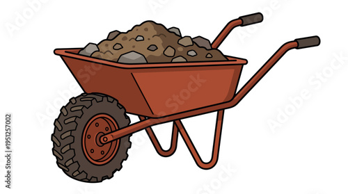 Red wheelbarrow filled with dirt and rocks for gardening