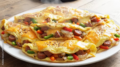 Close-Up of Delicious Omelets Filled With Sausage, Peppers, Onions, and Cheese