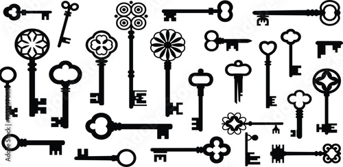 Collection of Vintage Skeleton Keys Silhouettes on White Background antique