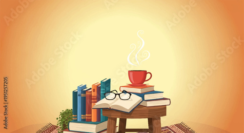 Cozy study setup with steaming cup of coffee on books and glasses warm lighting inviting atmosphere for reading and relaxation