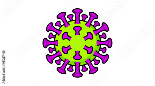 Green and purple virus cell with spike proteins on black