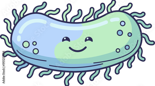 Smiling bacteria character with numerous external flagella