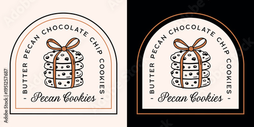 Pecan chocolate chip cookies brown butter nut flavor label logo sticker packaging design retro vintage luxury aesthetic. Homemade cookie stack with bow drawing bakery style illustration text print.
