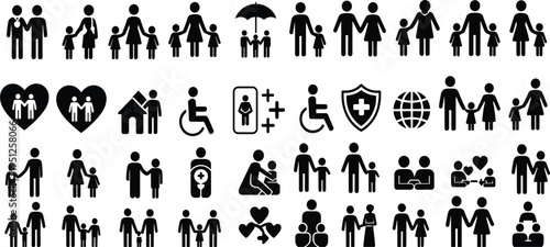 Diverse Family and Healthcare Icons Representing Relationships and Support silhouette people