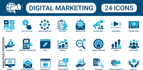Digital Marketing Icon Set with SEO, Content, Social Media, Online Advertising, Analytics, Sales, Strategy and Growth Symbols Modern Business Vector Collection