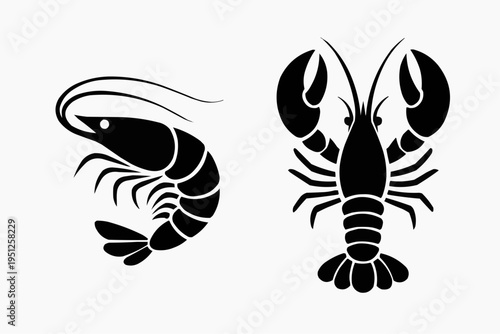 Minimalist shrimp and lobster silhouettes, clean vector style, solid black shapes, isolated on pure white background.