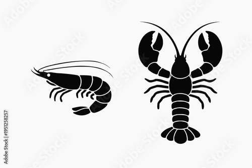 Minimalist shrimp and lobster silhouettes, clean vector style, solid black shapes, isolated on pure white background.