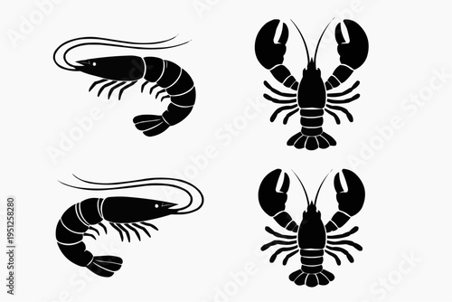 Minimalist shrimp and lobster silhouettes, clean vector style, solid black shapes, isolated on pure white background.